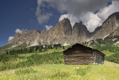 Panoramic shot of cottage on field against sky