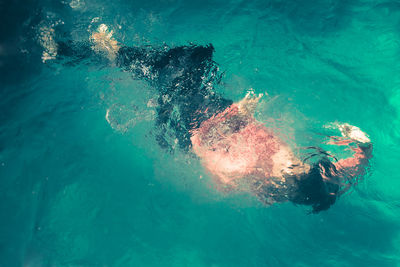 High angle view of woman swimming in sea