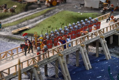 High angle view of people on bridge