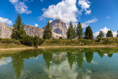 Reflection of trees in lake against cloudy sky