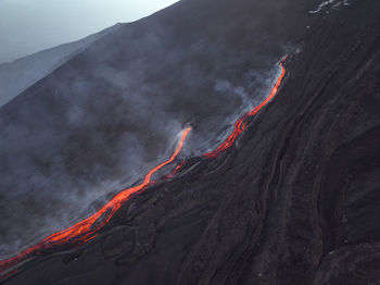 Lava flow on etna volcano aerial view from above - sicily from above
