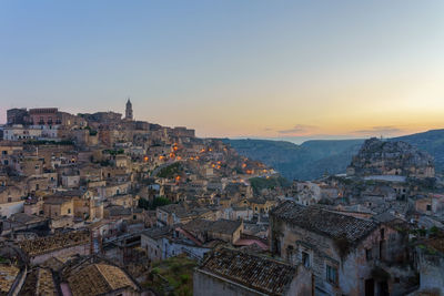 High angle view of townscape against sky at sunset