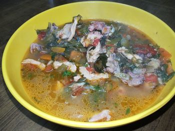 High angle view of soup in bowl on table
