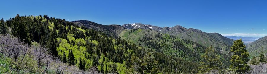 Scenic view of mountains against clear blue sky