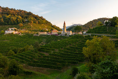 View of the small village of rolle, a typical village on the prosecco hills surrounded by vineyards