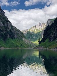 Scenic view of lake and mountains against sky