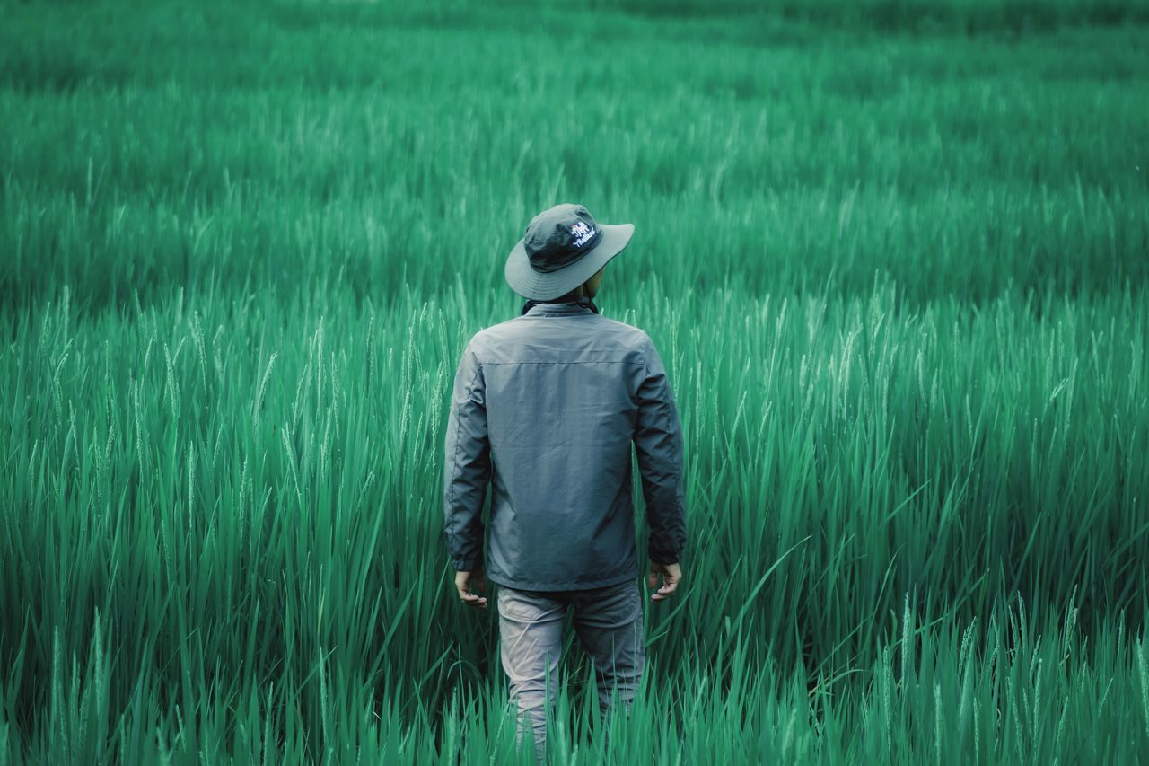FULL LENGTH REAR VIEW OF MAN STANDING IN FIELD