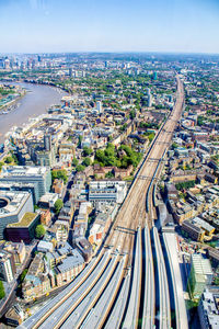 High angle view of street amidst buildings in city