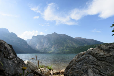 Scenic view of sea and mountains against sky