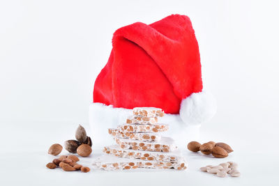 Close-up of cookies against white background
