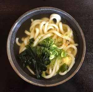 High angle view of soup in bowl