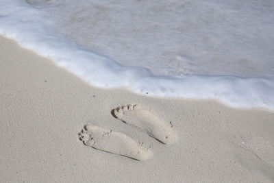 High angle view of footprints on sand at beach