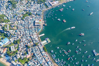 High angle view of buildings in sea