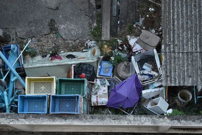 High angle view of garbage in building