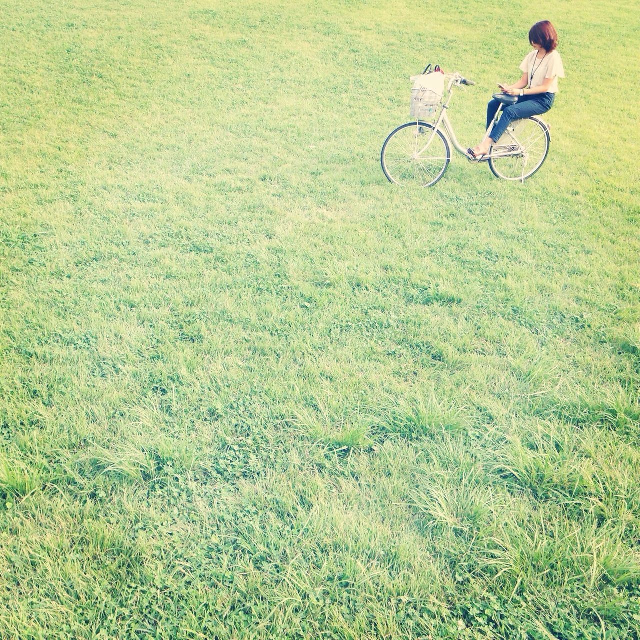 lifestyles, leisure activity, men, riding, bicycle, grass, high angle view, full length, sport, unrecognizable person, green color, motion, field, sunlight, transportation, day, outdoors