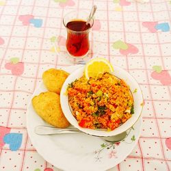 High angle view of serving food served in plate