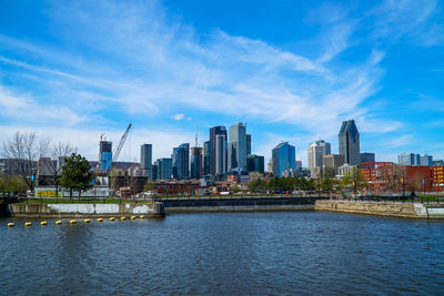 River by cityscape against sky