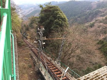 High angle view of train on railroad track against sky