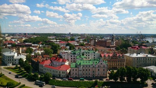 High angle view of town against sky