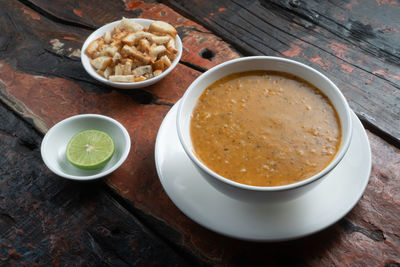 High angle view of soup in bowl on table