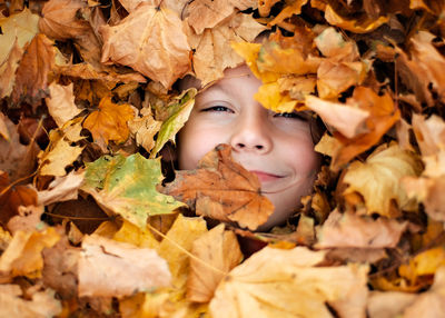 High angle portrait of boy hiding in dry leaves during autumn