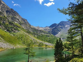 Scenic view of lake by mountains against sky