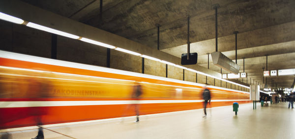 Blurred motion of train at subway station