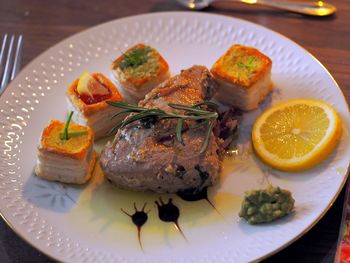 Close-up of food served in plate