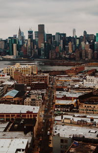 High angle view of buildings in city against sky