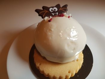 High angle view of cake in plate on table