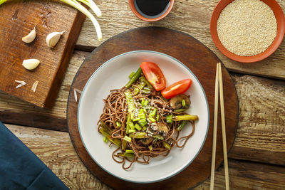 High angle view of meal served on table