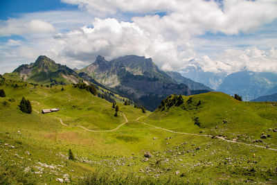 Scenic view of landscape and mountains against sky