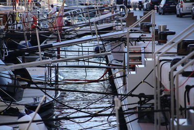 High angle view of ship moored at harbor