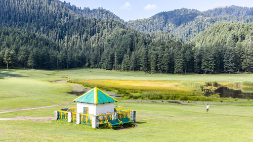 View of famous khajjiar lake is situated in chamba district of himachal pradesh, india