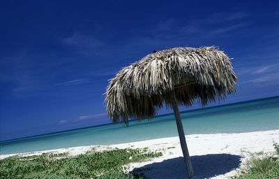 Thatched roof at beach during sunny day