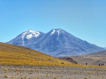 Scenic view of snowcapped mountains against clear blue sky