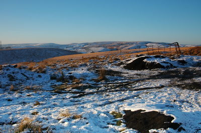 Scenic view of mountains against clear sky during winter