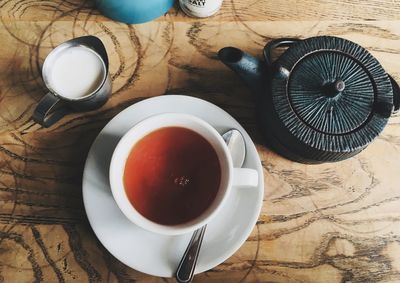 High angle view of tea cup on table