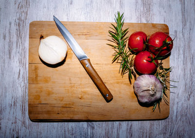 High angle view of chopped vegetables on cutting board
