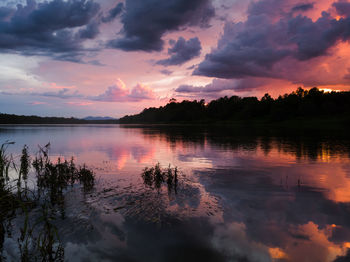 Scenic view of lake against orange sky