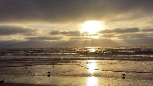 Scenic view of beach against sky during sunset