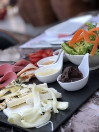 High angle view of meal served on table