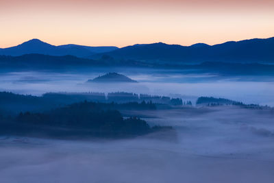 Scenic view of mountains against sky during sunset