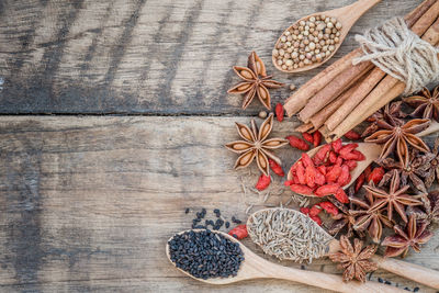 Close-up of dried food in spoons with spices on table