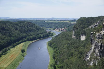 Scenic view of river amidst green landscape against sky