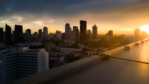 City skyline at sunset