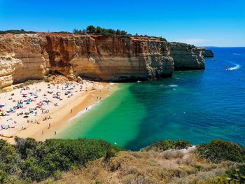 Scenic view of sea against clear blue sky