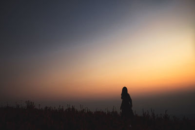 Silhouette man standing on field against sky during sunset