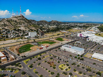 High angle view of cityscape against sky