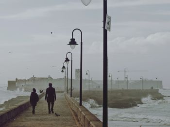 Rear view of father and child walking on pier in sea against cloudy sky